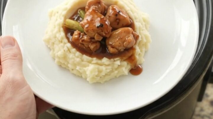 Glazed chicken bites in a slow cooker with ginger and scallions, glossy bourbon sauce