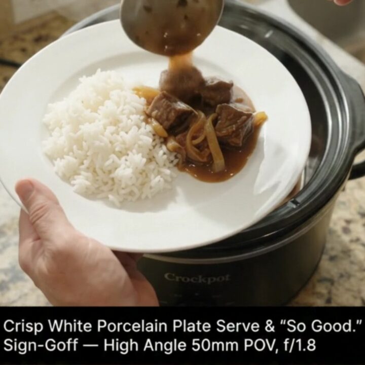 Slow cooker beef and onions in rich bourbon gravy, topped with butter pats