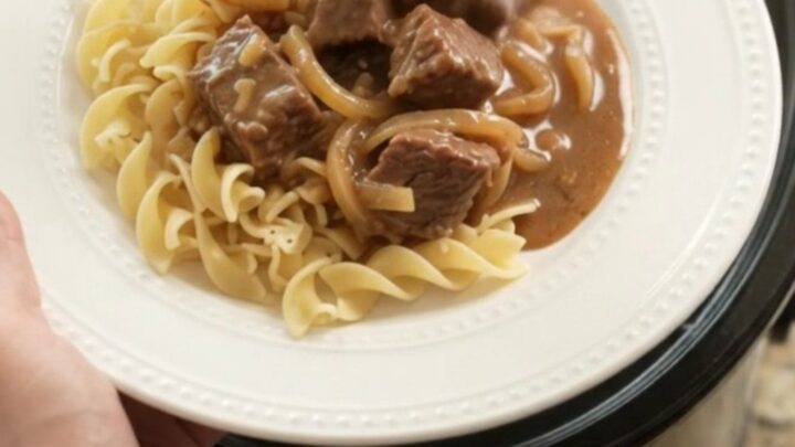 Slow cooker filled with tender beef and onions in a rich sour cream gravy, steam rising.