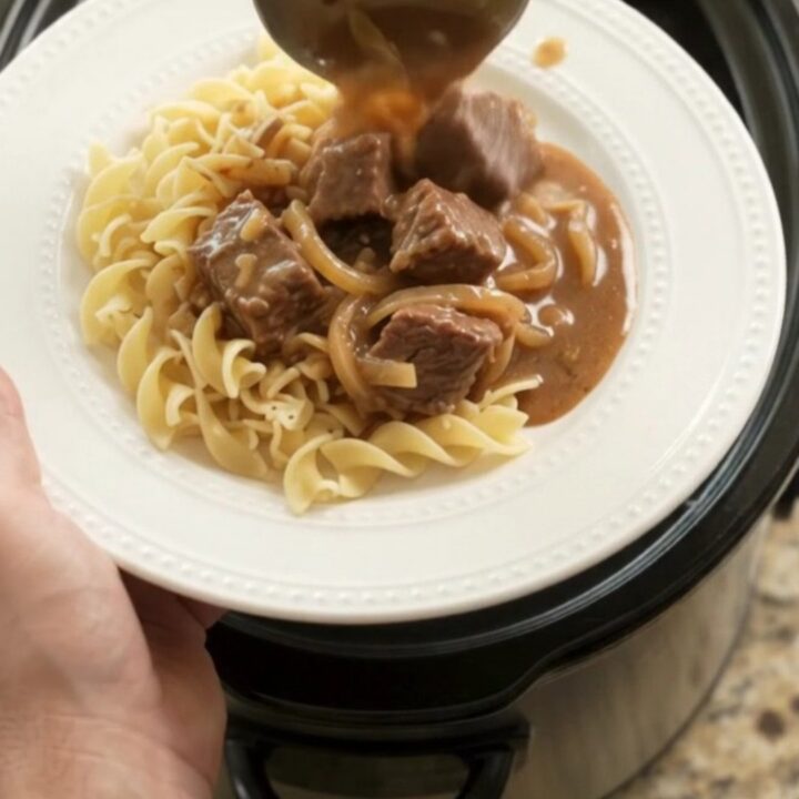 Slow cooker filled with tender beef and onions in a rich sour cream gravy, steam rising.