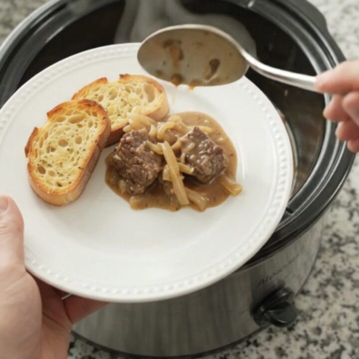 Slow-cooker French onion beef with Gruyère sauce in a black crockpot, garnished with thyme