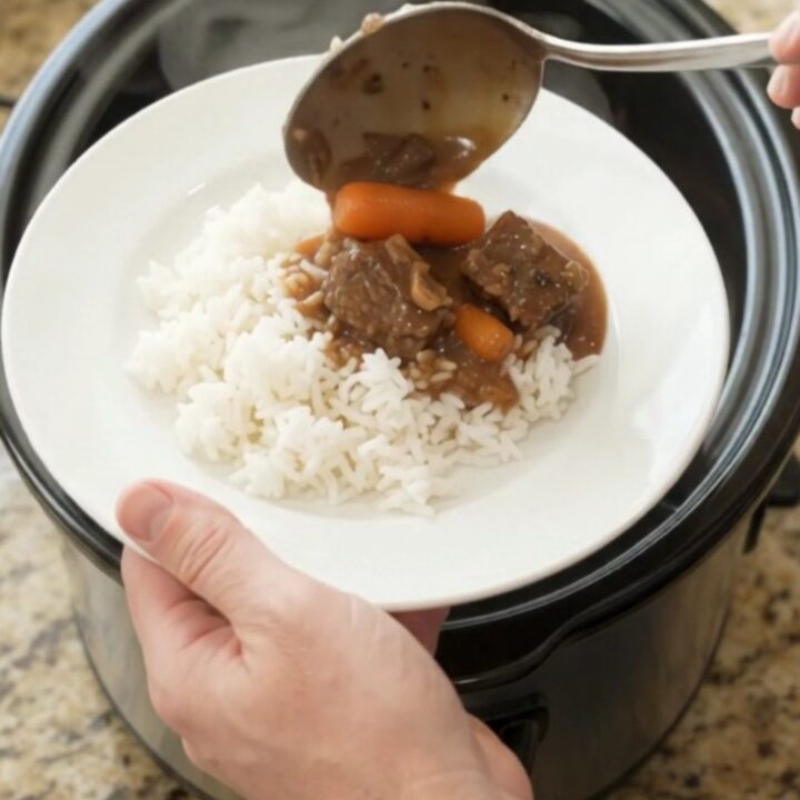 Slow cooker beef with carrots and potatoes in bourbon gravy