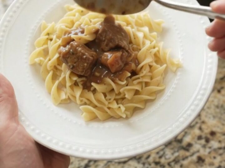 Slow cooker beef stroganoff with carrots and potatoes in a creamy gravy