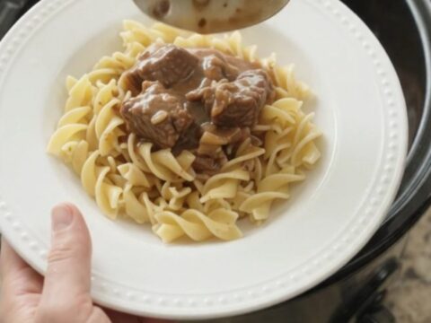 A slow cooker filled with tender beef, portobello mushrooms, and shallots in a rich sour cream gravy.