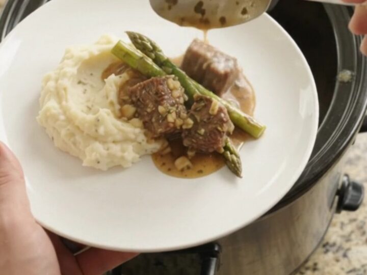 Slow cooker cowboy butter asparagus beef bites in a black crockpot, with steam rising