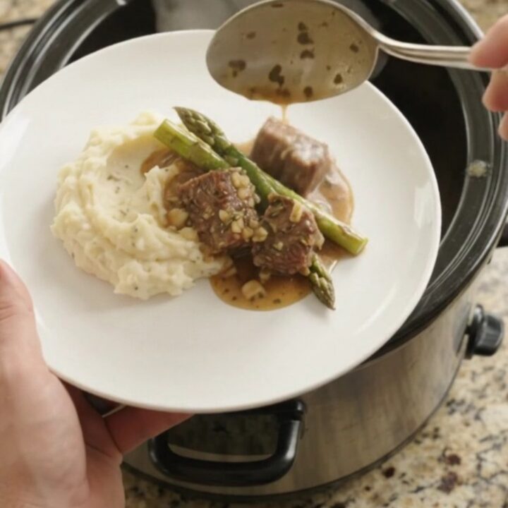 Slow cooker cowboy butter asparagus beef bites in a black crockpot, with steam rising