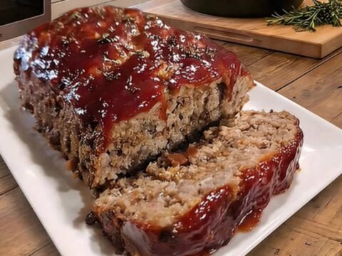 A thick slice of glazed meatloaf resting on a white platter, showing a juicy, tender interior.