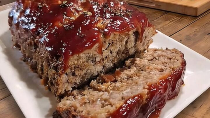 A thick slice of glazed meatloaf resting on a white platter, showing a juicy, tender interior.