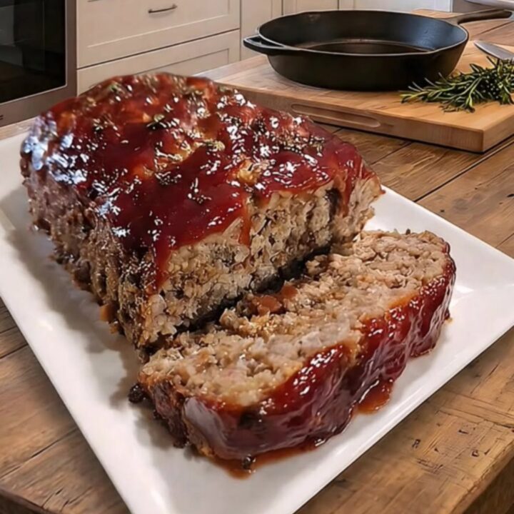 A thick slice of glazed meatloaf resting on a white platter, showing a juicy, tender interior.
