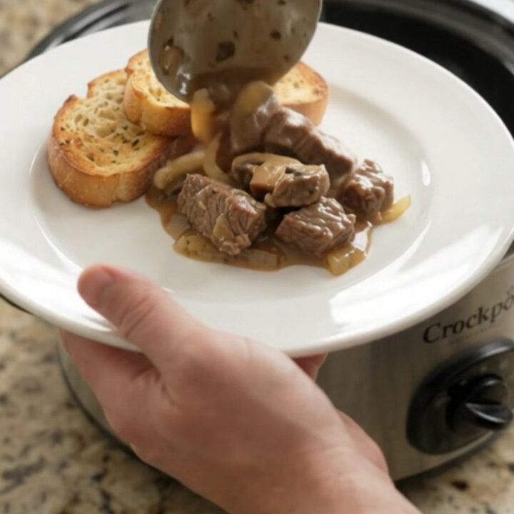 Slow cooker sirloin tips in creamy Gruyère mushroom sauce, bubbling in the Crockpot