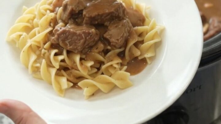 Slow cooker sirloin tips with broccoli and mushrooms in sour cream gravy