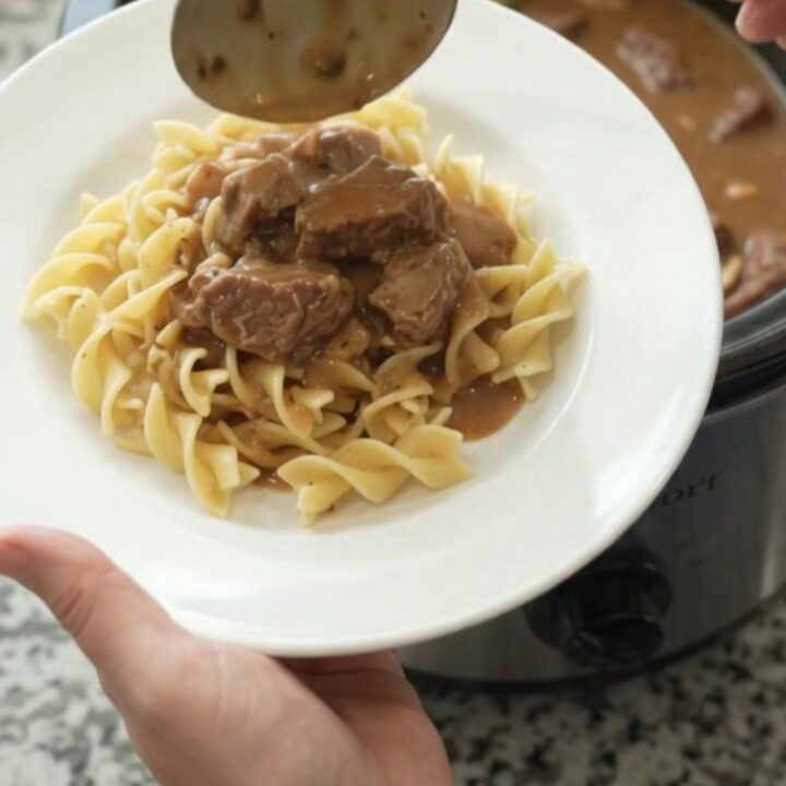 Slow cooker sirloin tips with broccoli and mushrooms in sour cream gravy
