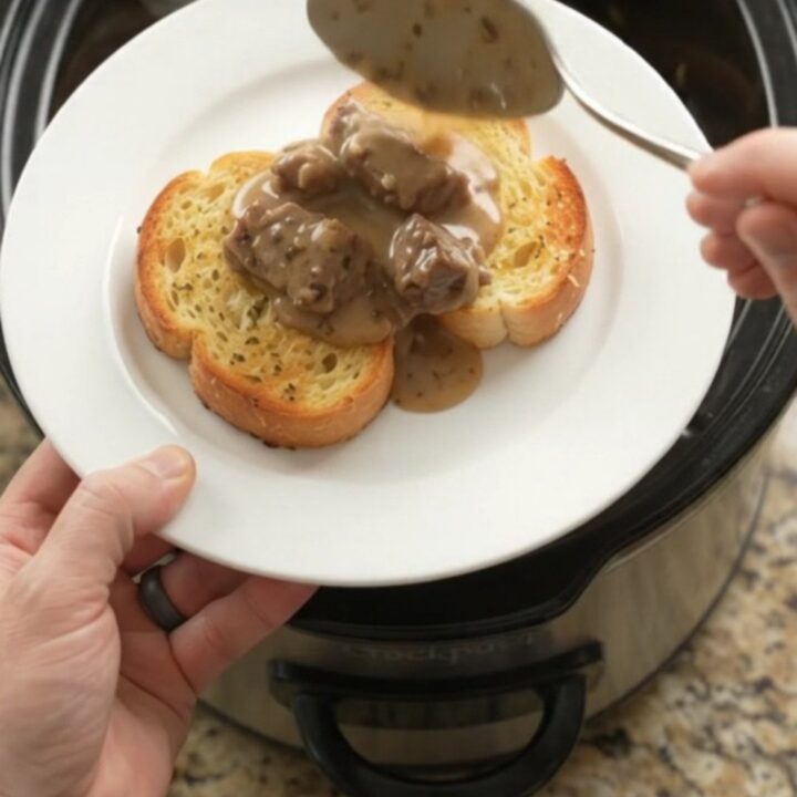 Slow cooker sirloin tips with carrots and potatoes in creamy Gruyère sauce
