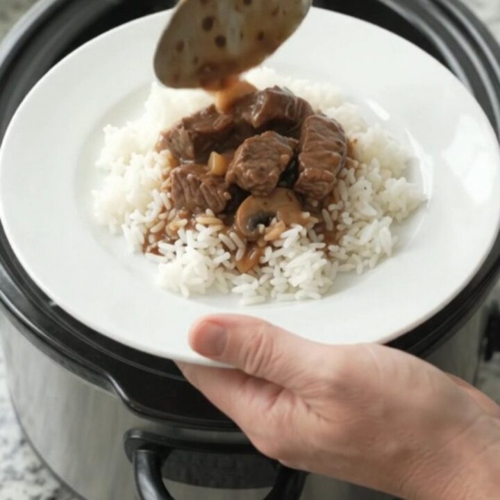 Slow cooker sirloin tips with portobellos and shallots in bourbon gravy