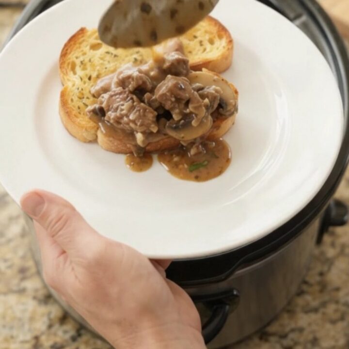 Slow-cooker sirloin tips in a creamy Gruyère sauce with mushrooms and shallots, served on toasted brioche.
