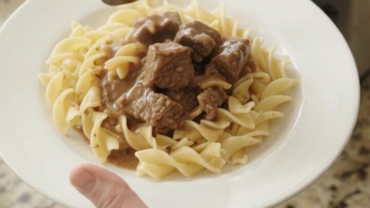 Slow cooker sirloin tips with portobello mushrooms in sour cream gravy, garnished with parsley