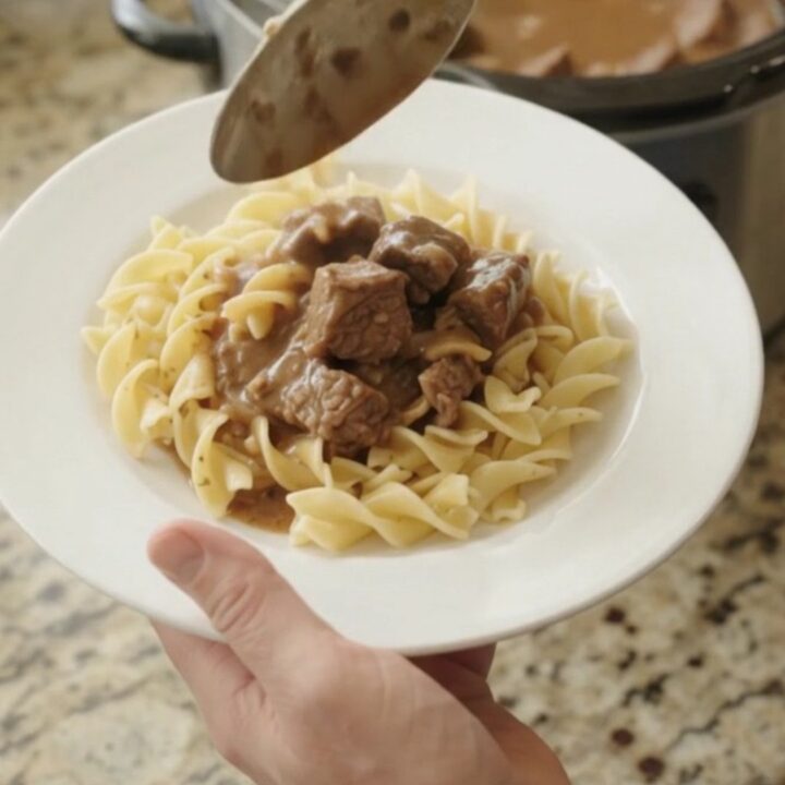 Slow cooker sirloin tips with portobello mushrooms in sour cream gravy, garnished with parsley