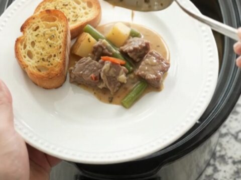 Slow cooker sirloin tips with green beans and potatoes in a creamy Gruyère sauce