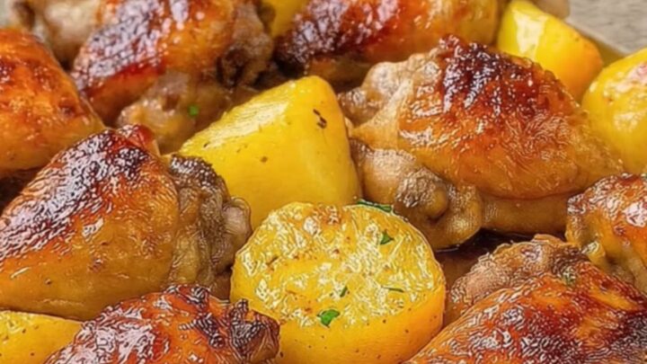 A golden, crispy chicken thigh and roasted potato wedge in a glass dish with herb garnish.