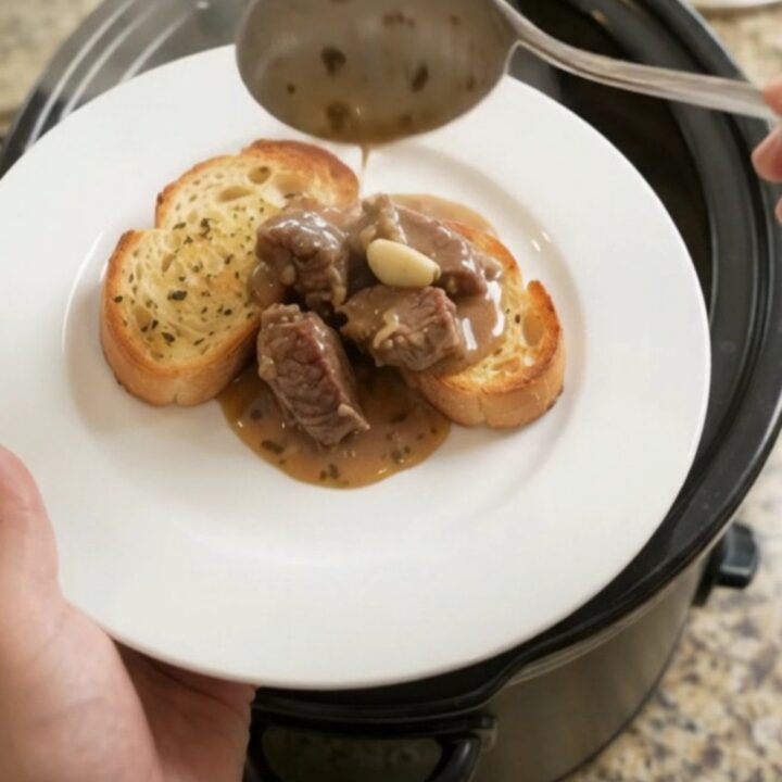 Slow cooker full of creamy sirloin tips and asparagus with melted Gruyère sauce