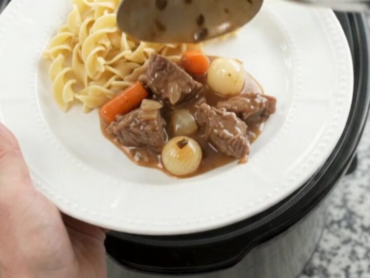 Tender sirloin tips in creamy sour cream gravy with pearl onions and carrots in a slow cooker