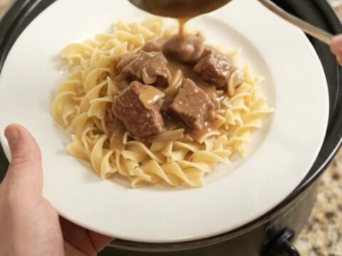 Slow cooker ribeye bites in creamy mushroom gravy with onions, served over buttered noodles