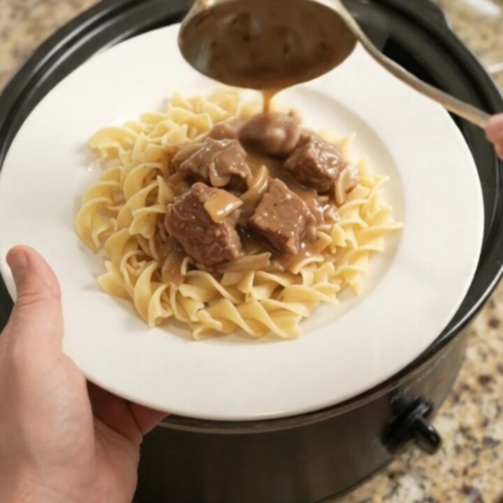 Slow cooker ribeye bites in creamy mushroom gravy with onions, served over buttered noodles