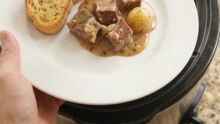 Crockpot ribeye bites and potatoes in creamy Gruyère sauce, ready to serve