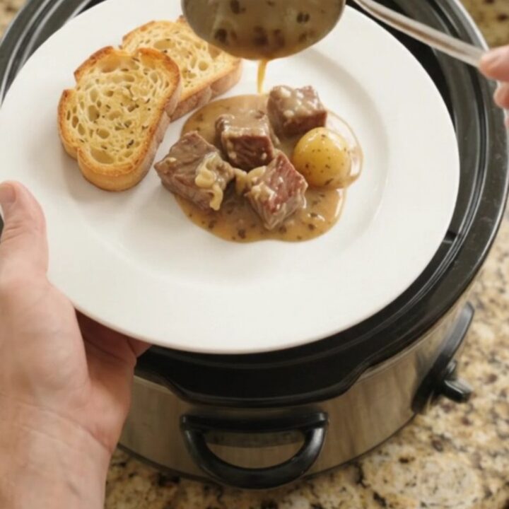 Crockpot ribeye bites and potatoes in creamy Gruyère sauce, ready to serve