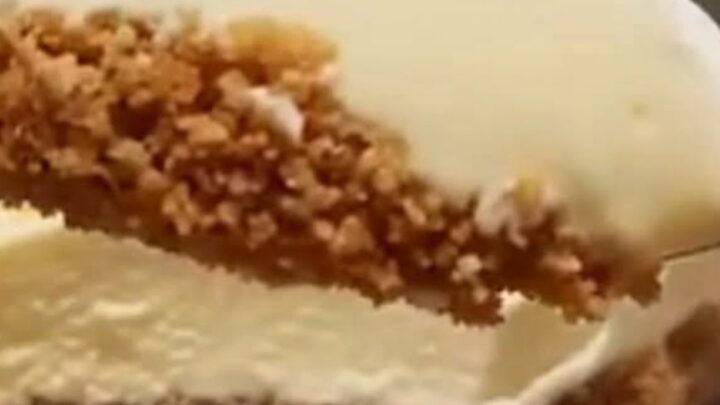 A thick, luscious slice of creamy white cheesecake with a golden biscuit base on a plate.