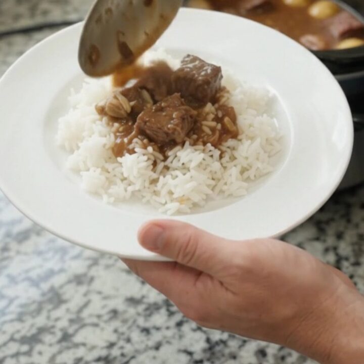 Slow cooker filled with ribeye bites and baby potatoes in a rich bourbon gravy, topped with butter pats.
