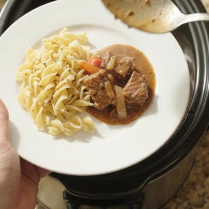 Slow cooker ribeye bites with bell peppers and onions in a rich sour cream gravy