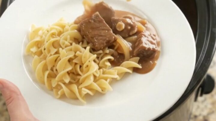 Slow cooker ribeye bites in a rich sour cream gravy, topped with caramelized onions, served over buttered egg noodles.