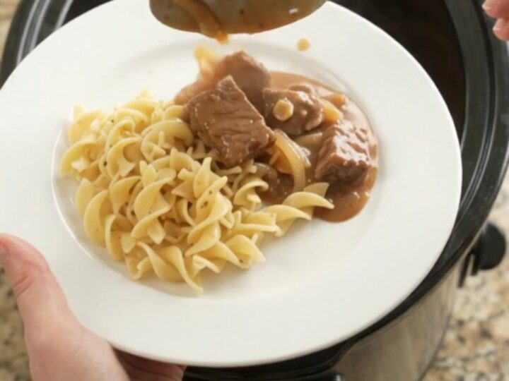 Slow cooker ribeye bites in a rich sour cream gravy, topped with caramelized onions, served over buttered egg noodles.