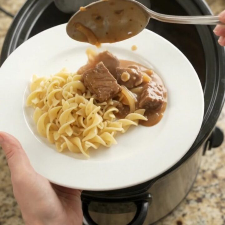 Slow cooker ribeye bites in a rich sour cream gravy, topped with caramelized onions, served over buttered egg noodles.