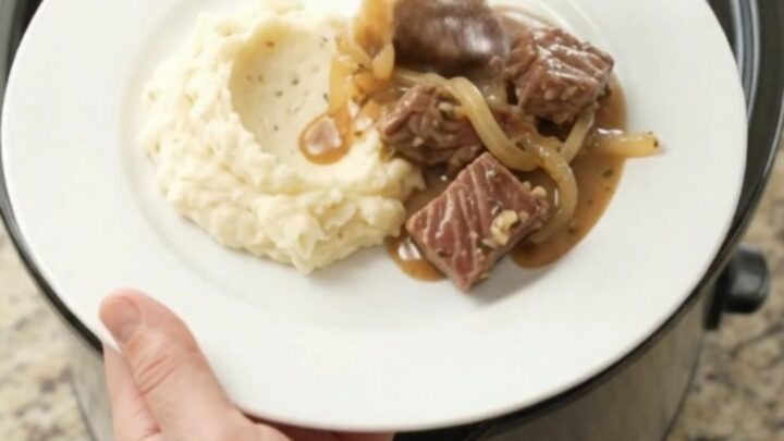 Slow cooker ribeye bites with caramelized onions in a rich buttery au jus.