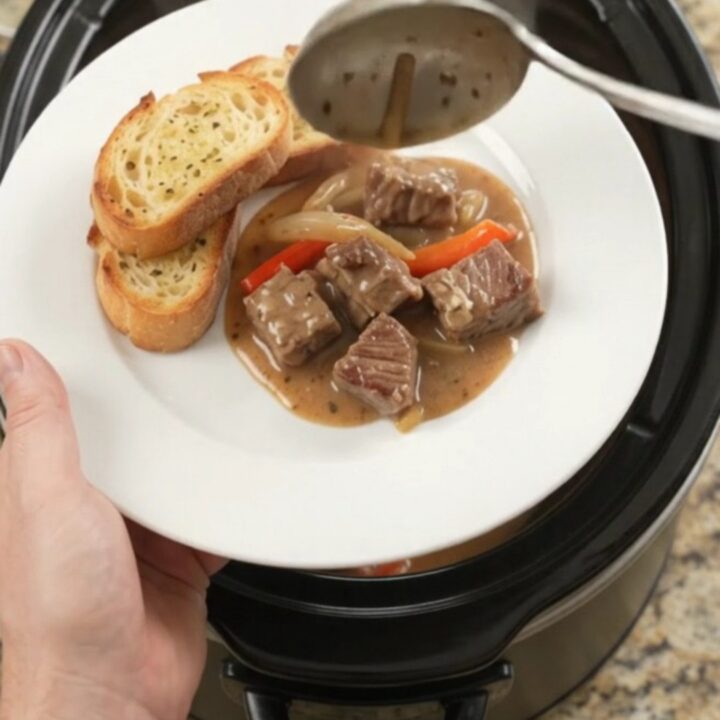 Slow cooker ribeye bites with peppers and onions in creamy Gruyère sauce