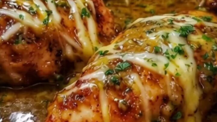 A rustic cast-iron skillet filled with golden, seared chicken breasts coated in honey mustard glaze and topped with melted