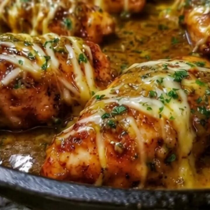 A rustic cast-iron skillet filled with golden, seared chicken breasts coated in honey mustard glaze and topped with melted