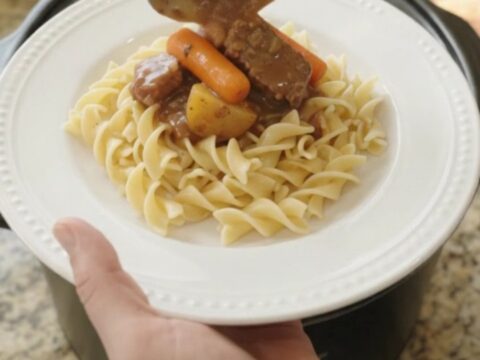 Slow cooker filled with ribeye bites, carrots, and potatoes in a rich sour cream gravy