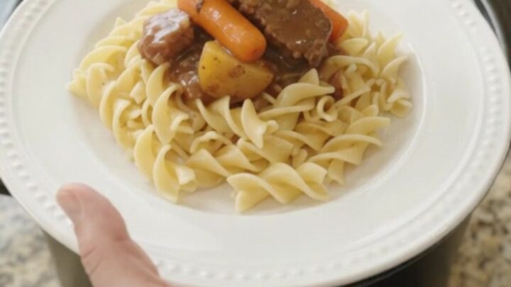 Slow cooker filled with ribeye bites, carrots, and potatoes in a rich sour cream gravy