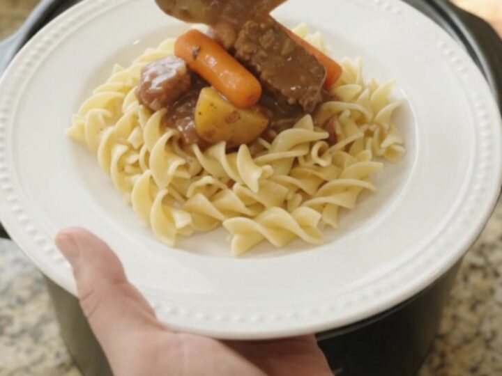 Slow cooker filled with ribeye bites, carrots, and potatoes in a rich sour cream gravy