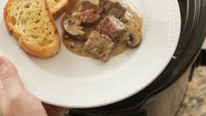 Crockpot ribeye bites with portobello mushrooms and shallots in a creamy Gruyère sauce, served on toasted brioche