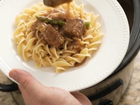 Slow cooker ribeye bites and asparagus in creamy sour cream gravy, served over buttered noodles