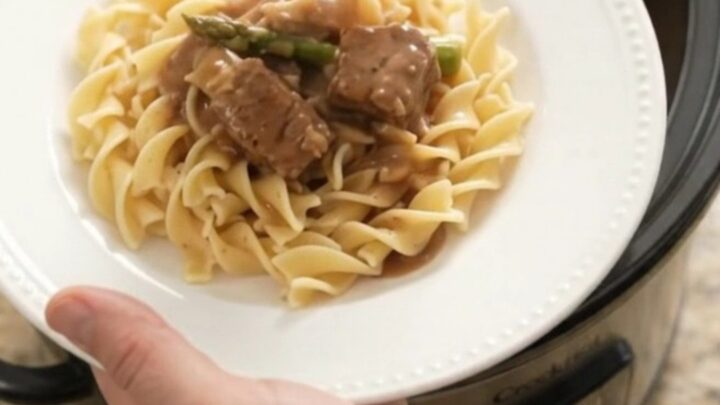 Slow cooker ribeye bites and asparagus in creamy sour cream gravy, served over buttered noodles