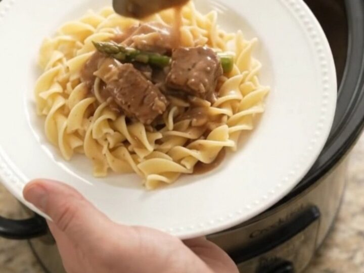 Slow cooker ribeye bites and asparagus in creamy sour cream gravy, served over buttered noodles