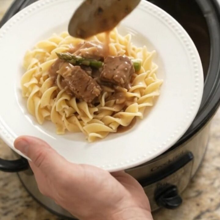 Slow cooker ribeye bites and asparagus in creamy sour cream gravy, served over buttered noodles