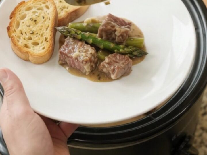 Slow cooker ribeye bites with asparagus in creamy Gruyère sauce
