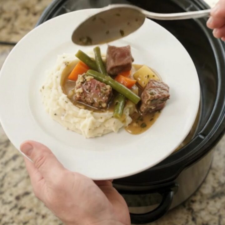 Slow cooker with ribeye bites, green beans, and potatoes in a buttery au jus