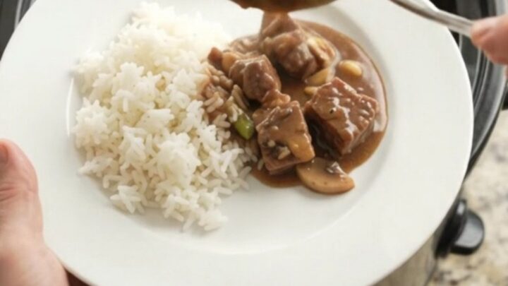 Slow cooker bourbon gravy ribeye bites with asparagus in a glossy dark sauce